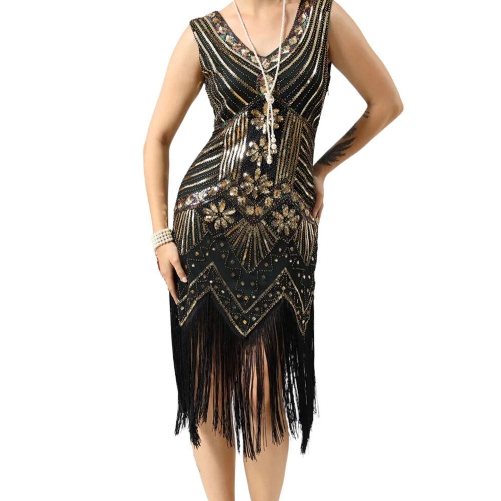 Women's Fringe Dress, Retro Fashion V-Neck Sexy Dresses Tassel Style Sequined